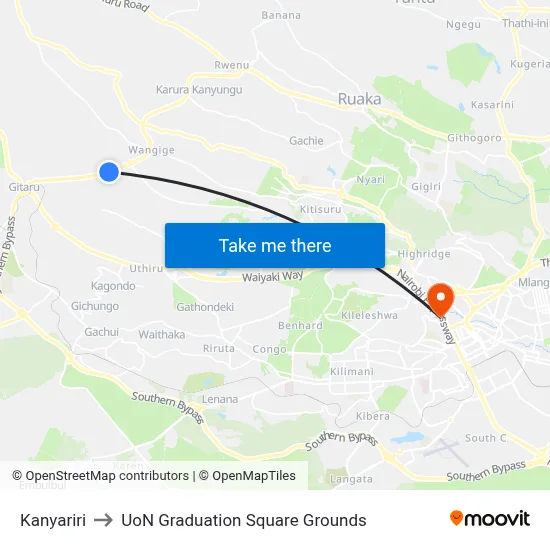 Kanyariri to UoN Graduation Square Grounds map