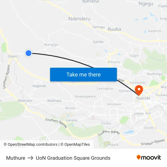 Muthure to UoN Graduation Square Grounds map
