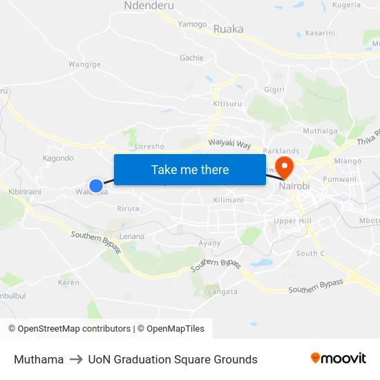 Muthama to UoN Graduation Square Grounds map