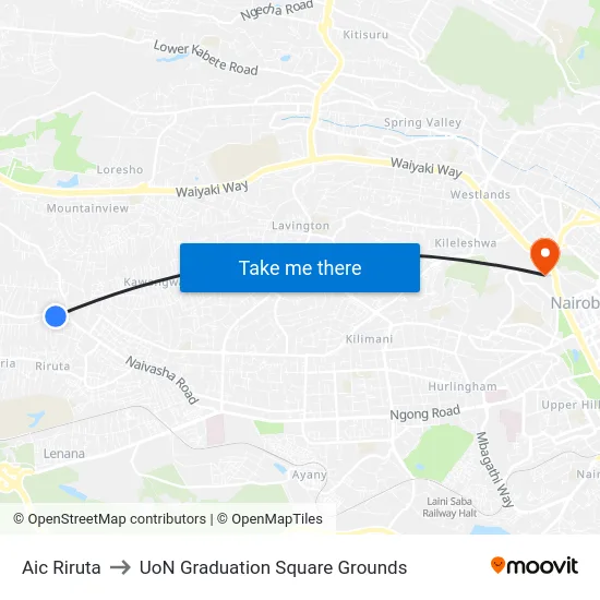 Aic Riruta to UoN Graduation Square Grounds map