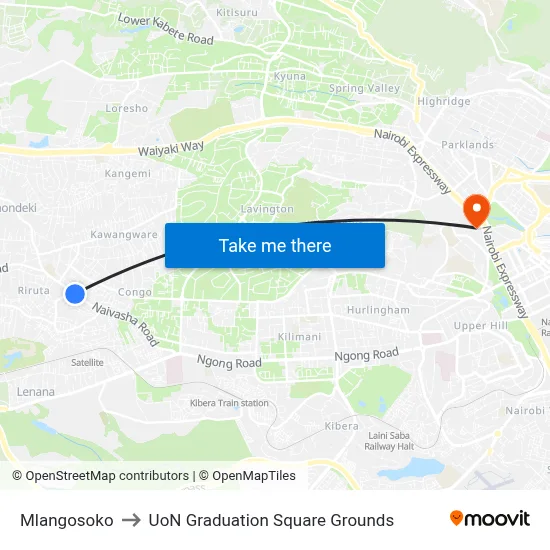 Mlangosoko to UoN Graduation Square Grounds map