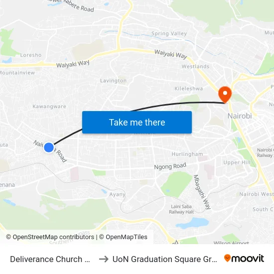 Deliverance Church Riruta to UoN Graduation Square Grounds map