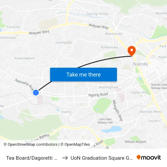 Tea Board/Dagoretti Corner to UoN Graduation Square Grounds map