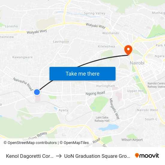 Kenol Dagoretti Corner to UoN Graduation Square Grounds map