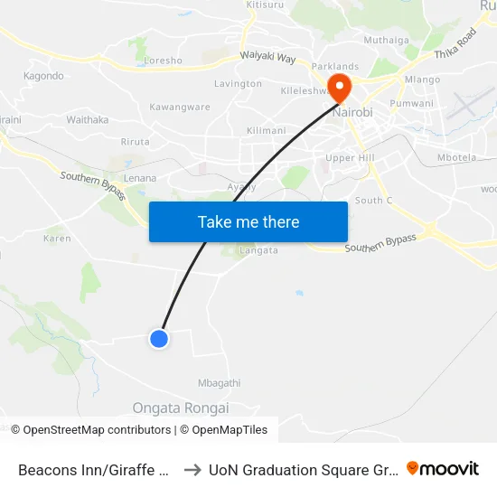 Beacons Inn/Giraffe Centre to UoN Graduation Square Grounds map
