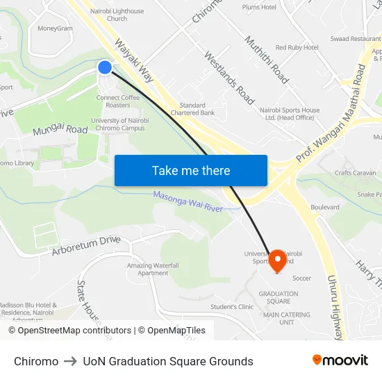 Chiromo to UoN Graduation Square Grounds map