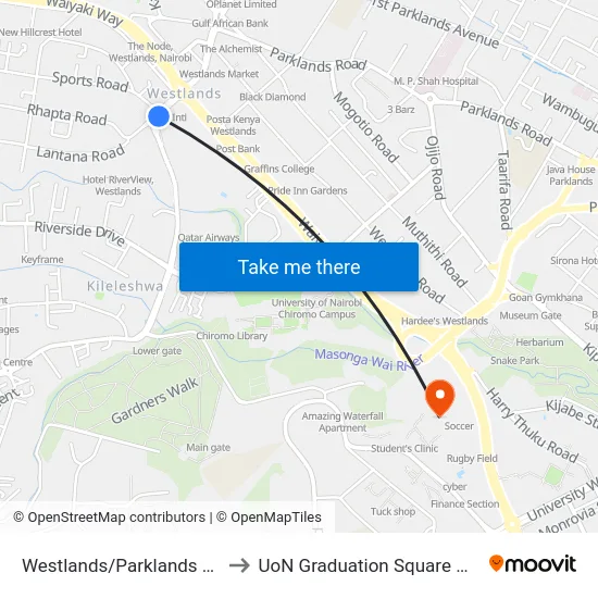 Westlands/Parklands Baptist to UoN Graduation Square Grounds map