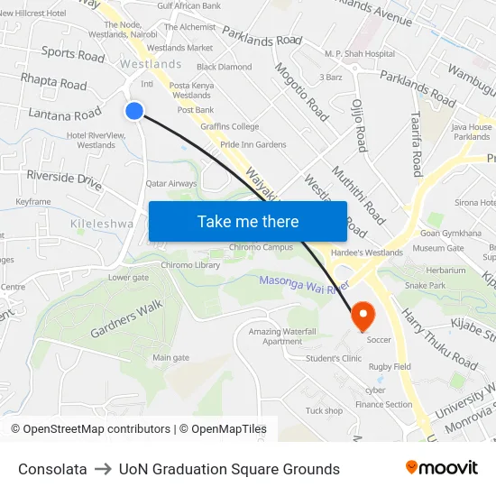 Consolata to UoN Graduation Square Grounds map