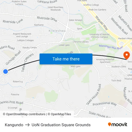 Kangundo to UoN Graduation Square Grounds map