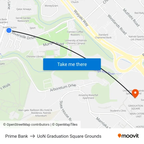 Prime Bank to UoN Graduation Square Grounds map