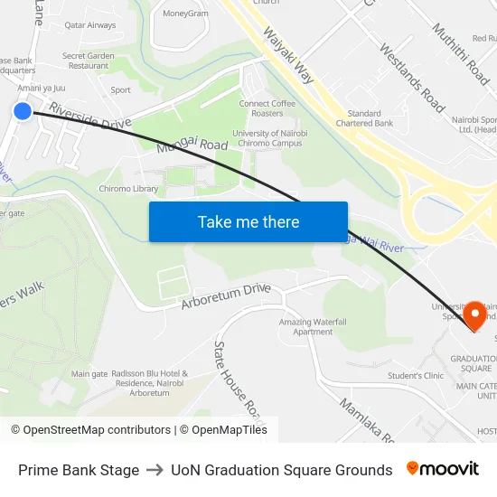 Prime Bank Stage to UoN Graduation Square Grounds map