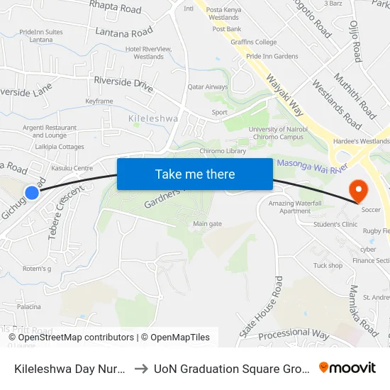 Kileleshwa Day Nursery to UoN Graduation Square Grounds map