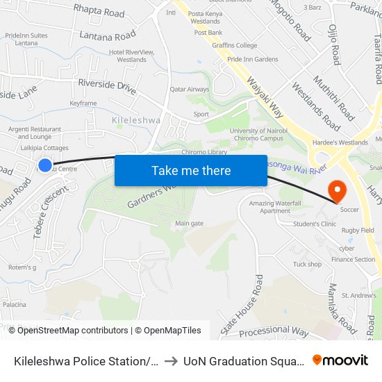 Kileleshwa Police Station/Roundabout to UoN Graduation Square Grounds map