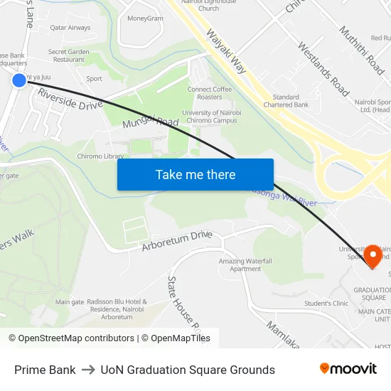 Prime Bank to UoN Graduation Square Grounds map