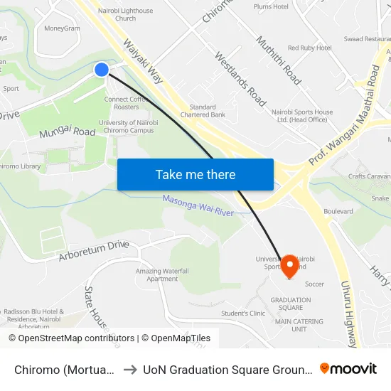 Chiromo (Mortuary) to UoN Graduation Square Grounds map