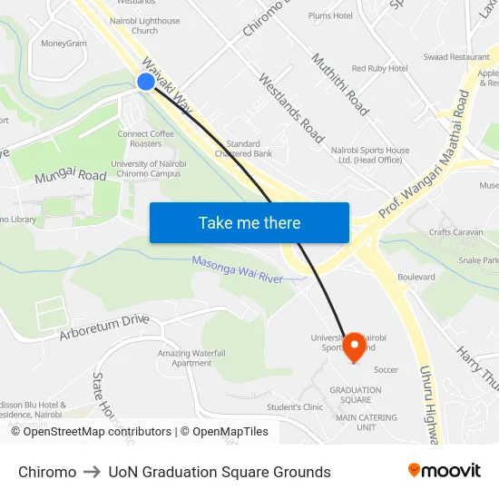 Chiromo to UoN Graduation Square Grounds map