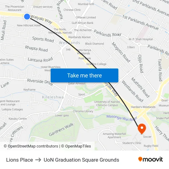Lions Place to UoN Graduation Square Grounds map