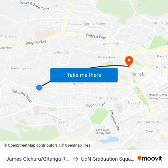 James Gichuru/Gitanga Road Junction to UoN Graduation Square Grounds map