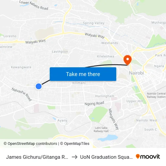 James Gichuru/Gitanga Road Junction to UoN Graduation Square Grounds map