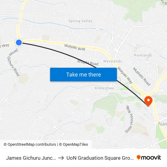 James Gichuru Junction to UoN Graduation Square Grounds map