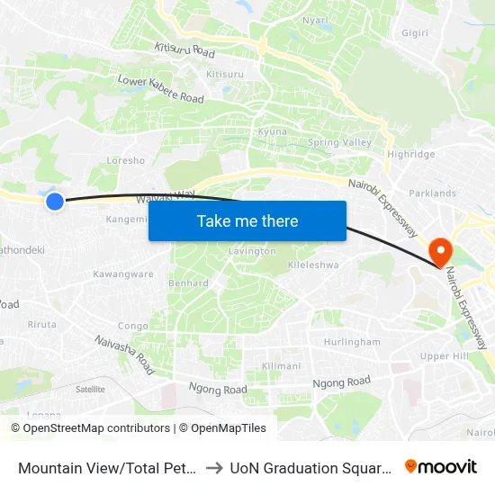 Mountain View/Total Petrol Station to UoN Graduation Square Grounds map