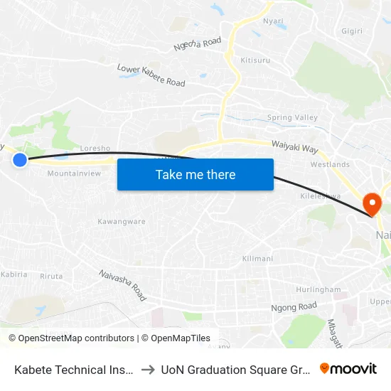 Kabete Technical Institute to UoN Graduation Square Grounds map