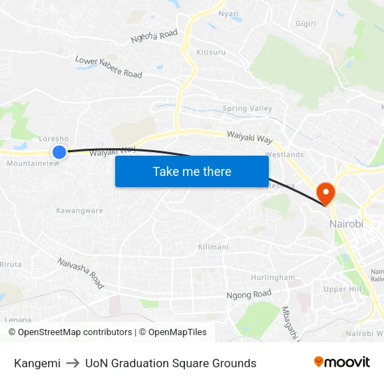 Kangemi to UoN Graduation Square Grounds map