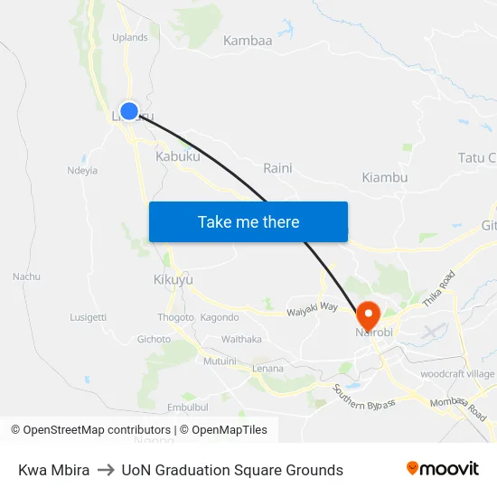 Kwa Mbira to UoN Graduation Square Grounds map