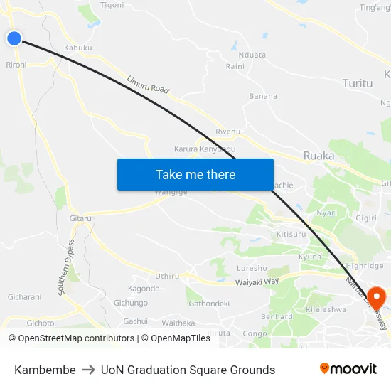 Kambembe to UoN Graduation Square Grounds map