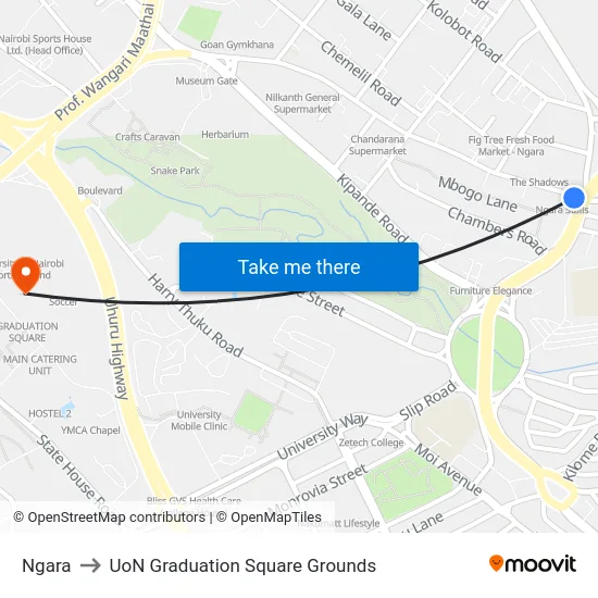 Ngara to UoN Graduation Square Grounds map