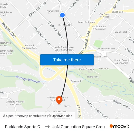 Parklands Sports Club to UoN Graduation Square Grounds map