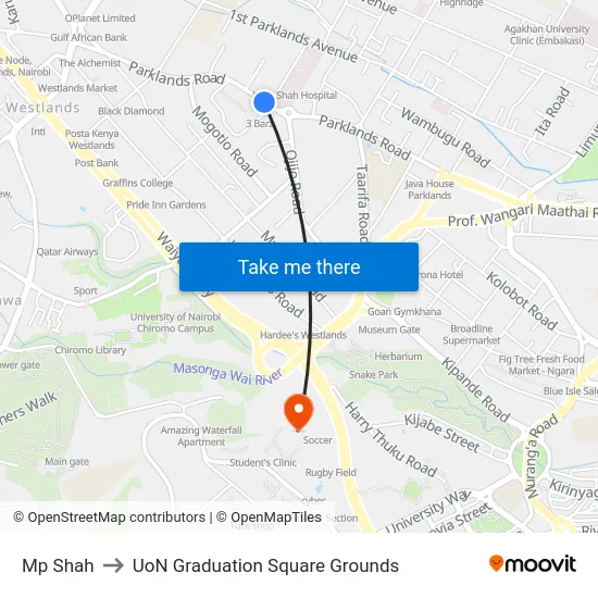 Mp Shah to UoN Graduation Square Grounds map