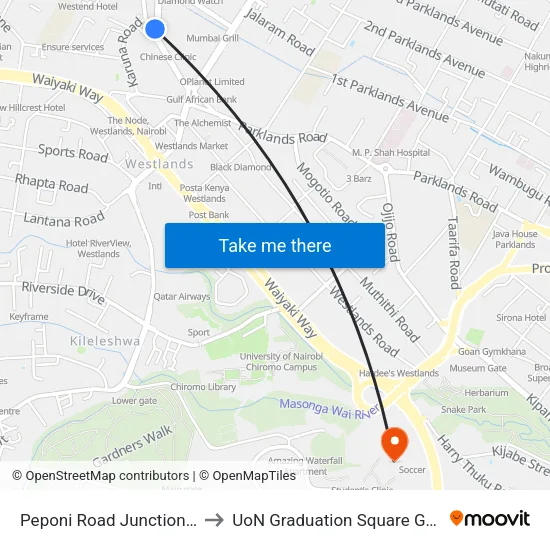 Peponi Road Junction/Sarit to UoN Graduation Square Grounds map
