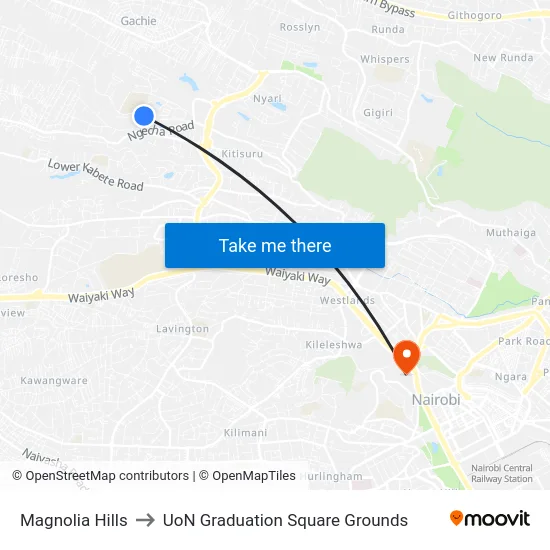 Magnolia Hills to UoN Graduation Square Grounds map