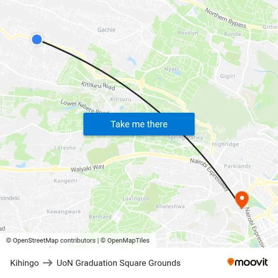 Kihingo to UoN Graduation Square Grounds map