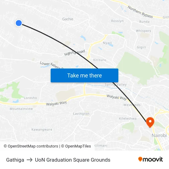 Gathiga to UoN Graduation Square Grounds map