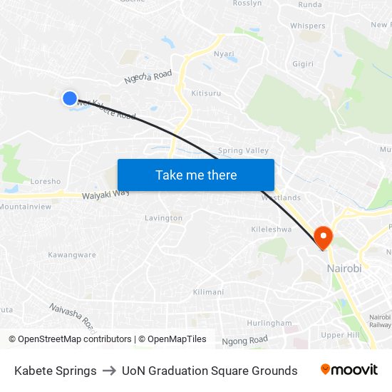 Kabete Springs to UoN Graduation Square Grounds map