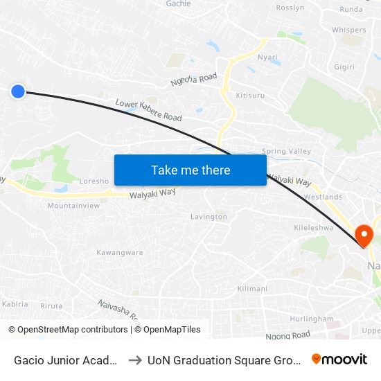 Gacio Junior Academy to UoN Graduation Square Grounds map