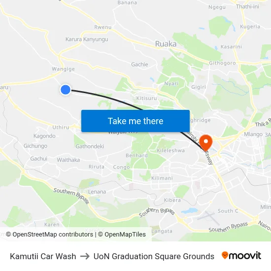 Kamutii Car Wash to UoN Graduation Square Grounds map