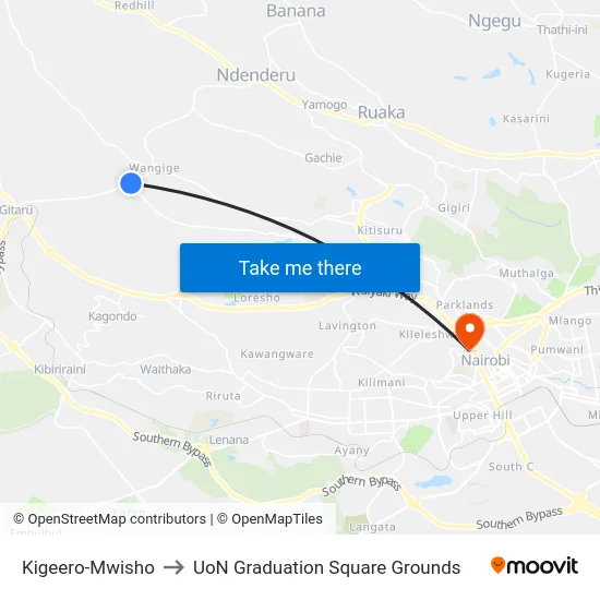 Kigeero-Mwisho to UoN Graduation Square Grounds map
