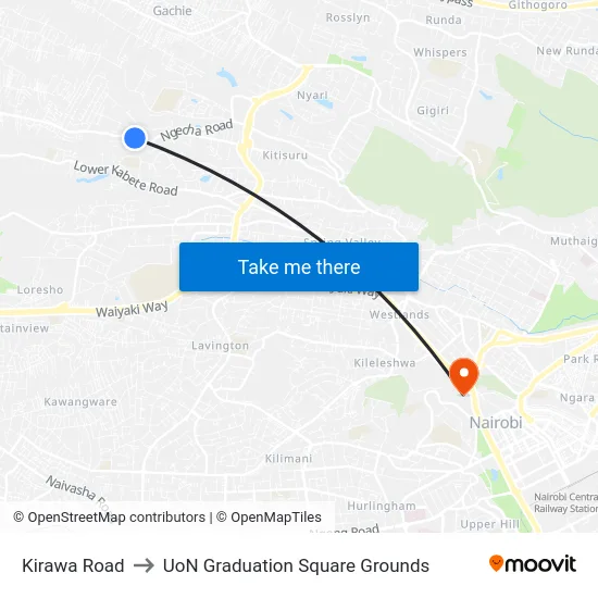 Kirawa Road to UoN Graduation Square Grounds map