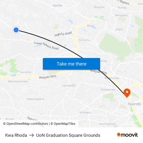 Kwa Rhoda to UoN Graduation Square Grounds map