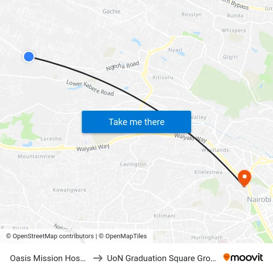 Oasis Mission Hospital to UoN Graduation Square Grounds map