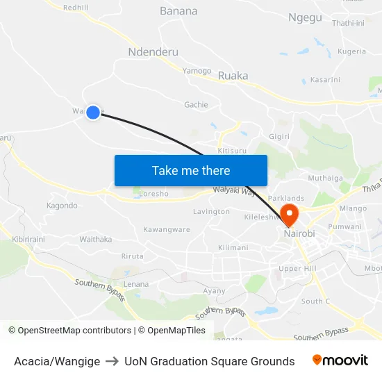 Acacia/Wangige to UoN Graduation Square Grounds map