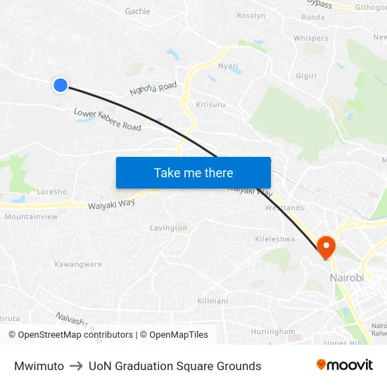 Mwimuto to UoN Graduation Square Grounds map