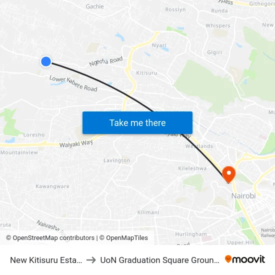 New Kitisuru Estate to UoN Graduation Square Grounds map