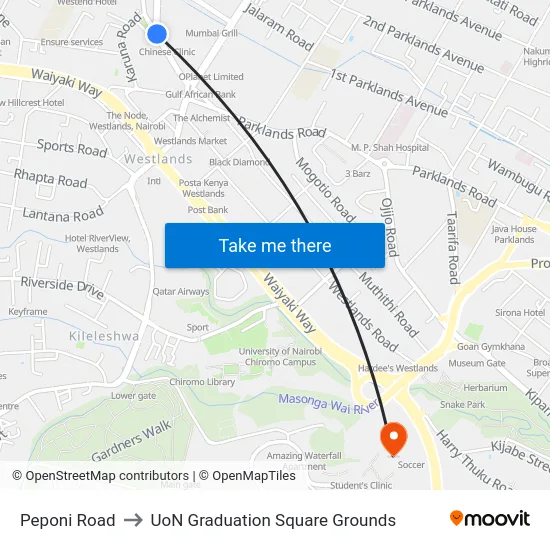 Peponi Road to UoN Graduation Square Grounds map