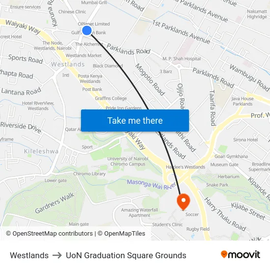 Westlands to UoN Graduation Square Grounds map
