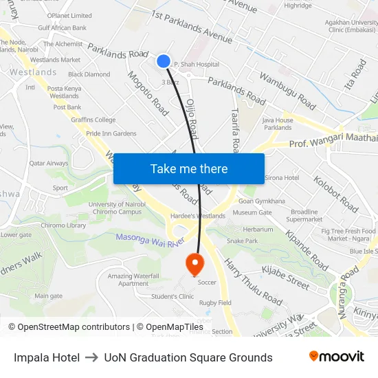 Impala Hotel to UoN Graduation Square Grounds map