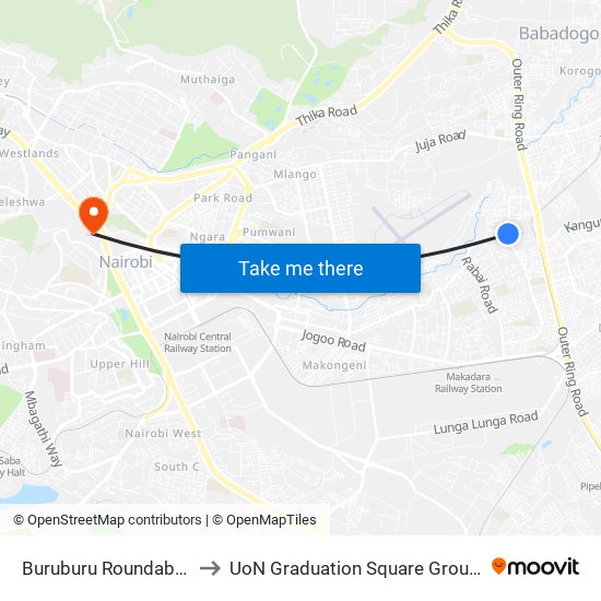 Buruburu Roundabout to UoN Graduation Square Grounds map